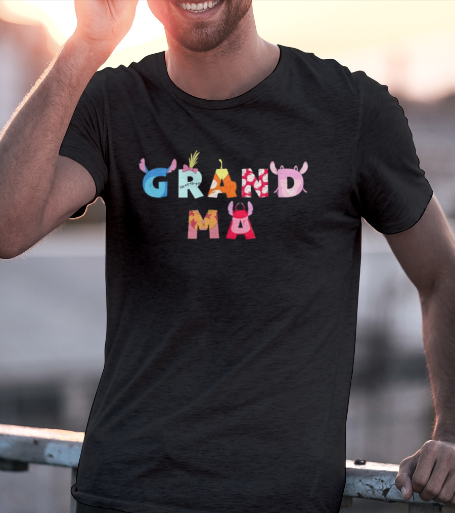 Disney Lilo And Stitch Grandma Birthday Colorful Character Letters T-Shirt