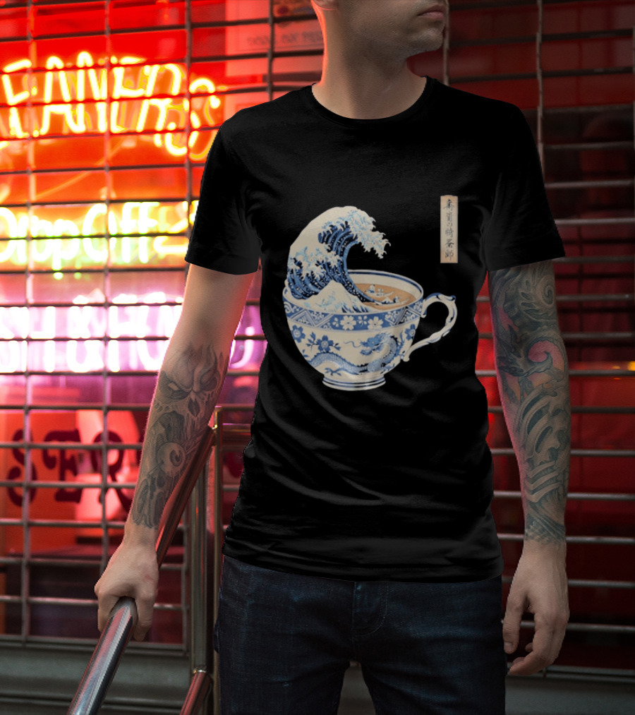 The Great Kanagawa Tea Cup Ukiyo E Wave Meets Dragon Porcelain T-Shirt