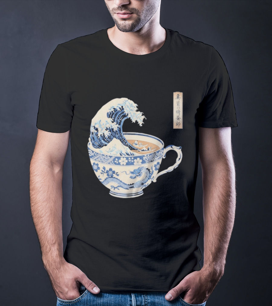 The Great Kanagawa Tea Cup Ukiyo E Wave Meets Dragon Porcelain T-Shirt