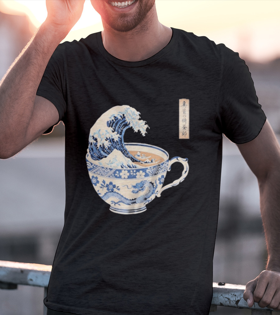 The Great Kanagawa Tea Cup Ukiyo E Wave Meets Dragon Porcelain T-Shirt