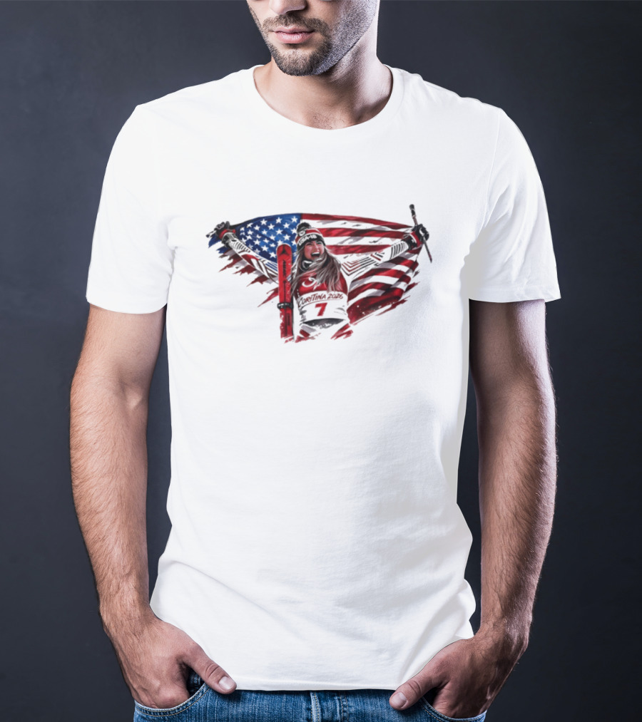 USA Winter Olympic Mikaela Shiffrin American Flag Skier T-Shirt