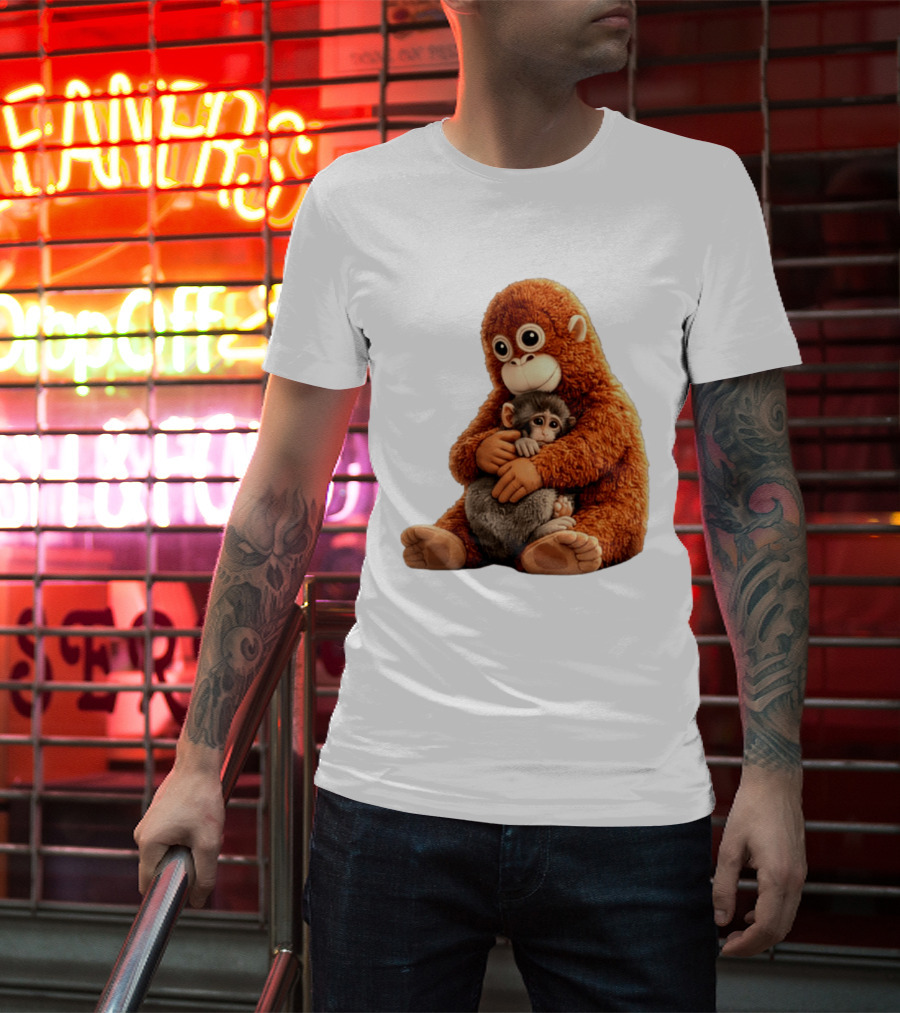 Punch Monkey Hugging Plush Baby Monkey T-Shirt