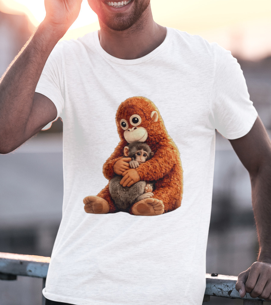 Punch Monkey Hugging Plush Baby Monkey T-Shirt