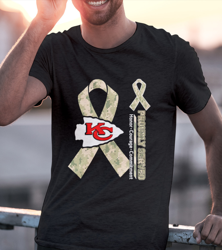Kansas City Chiefs Military Support Honor Courage Commitment Kansas Camo Ribbon T-Shirt