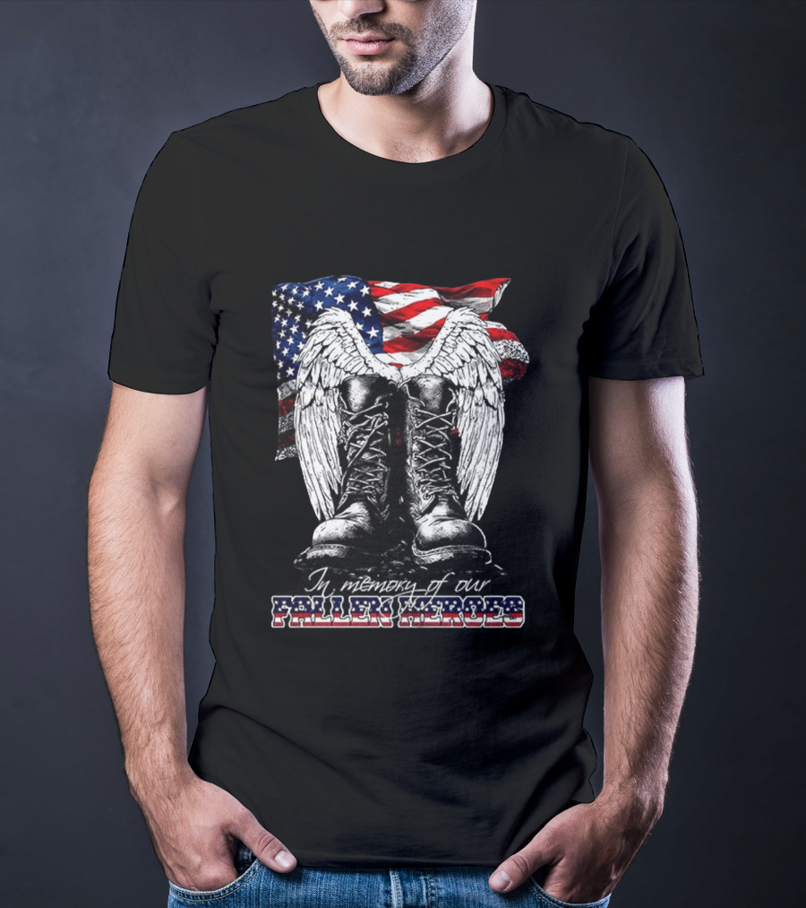 Hero's In The Sky In Memory Of Our Fallen Heroes American Flag Boots And Wings T-Shirt