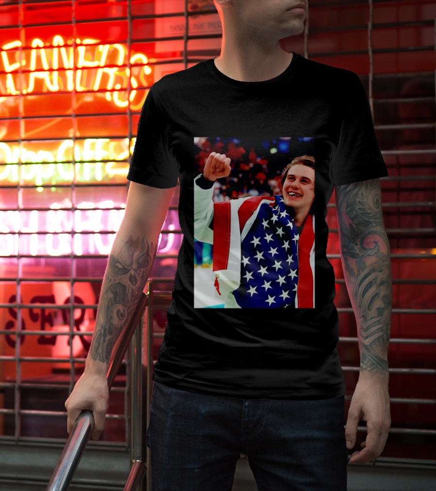 Jack Hughes Celebrating Team USA Hockey Star Spangled Moment T-Shirt
