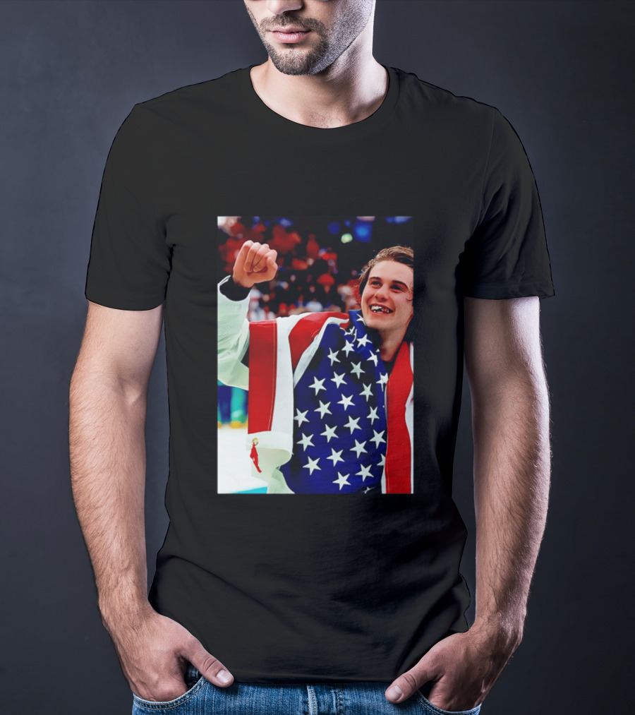 Jack Hughes Celebrating Team USA Hockey Star Spangled Moment T-Shirt