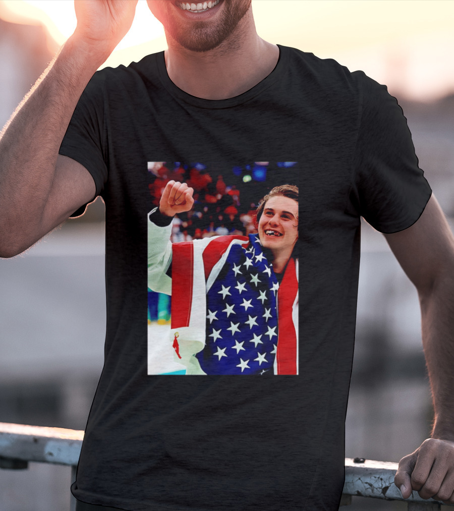 Jack Hughes Celebrating Team USA Hockey Star Spangled Moment T-Shirt