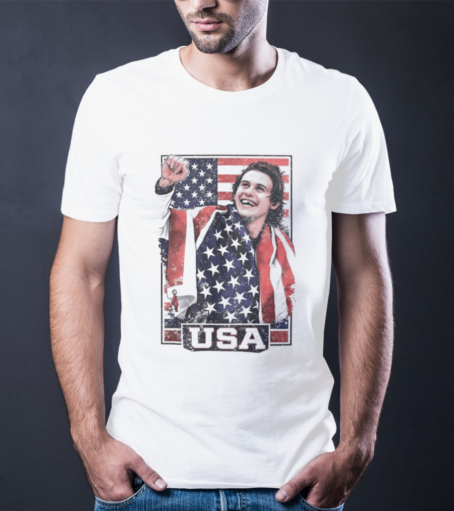 Jack Hughes USA Gold Medal Milano Cortina 2026 American Flag Hockey T-Shirt
