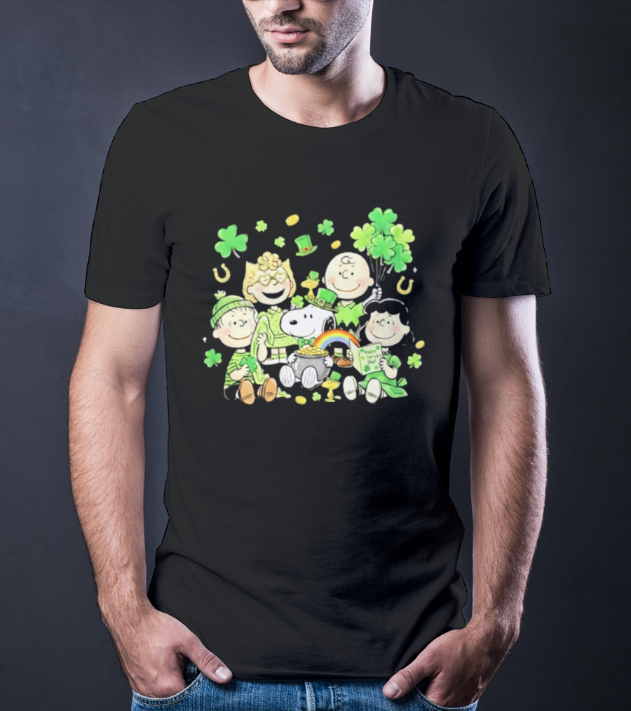 St. Patrick's Day Peanuts Snoopy And Friends With Shamrocks Horseshoes And Rainbow T-Shirt