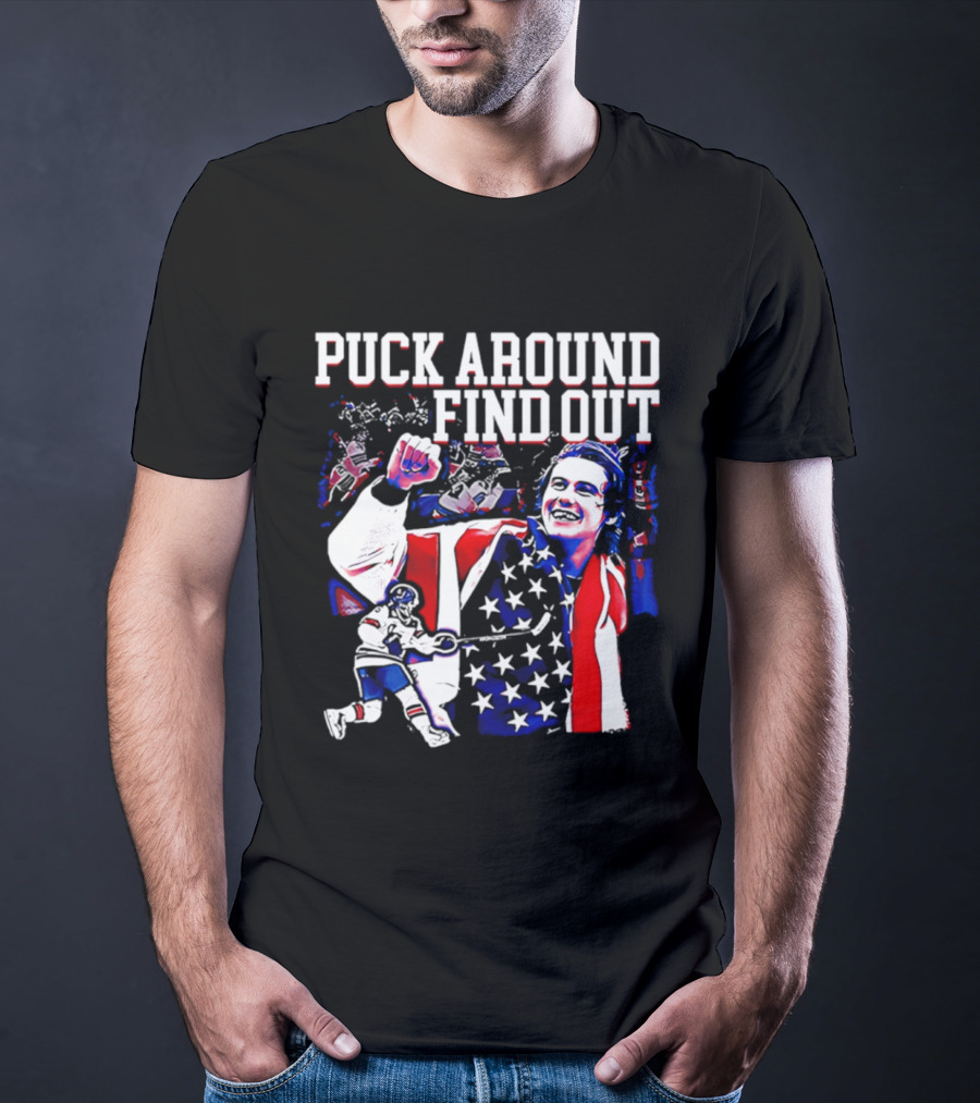 Puck Around Find Out Jack Hughes USA Hockey American Flag Celebration T-Shirt