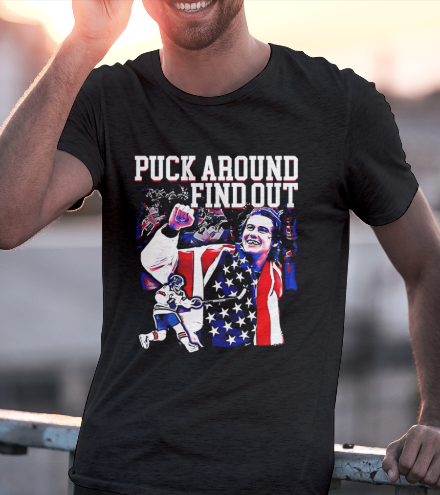 Puck Around Find Out Jack Hughes USA Hockey American Flag Celebration T-Shirt