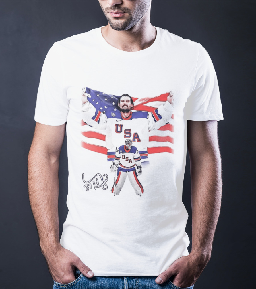 Connor Hellebuyck Team USA Olympic Gold Celebration Hockey Player With American Flag T-Shirt