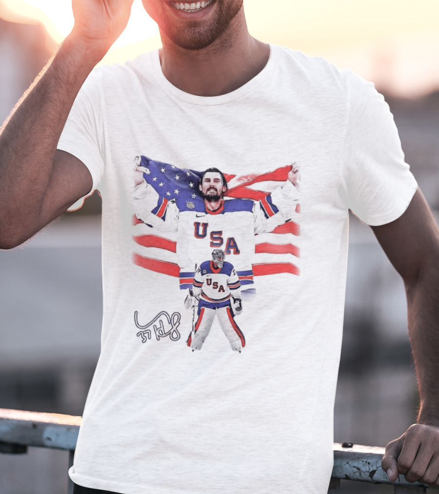Connor Hellebuyck Team USA Olympic Gold Celebration Hockey Player With American Flag T-Shirt