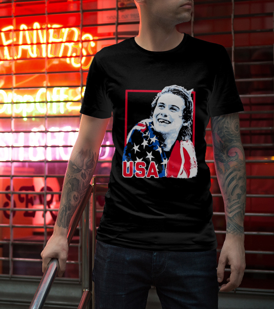 USA Flag Happy Athlete Red Frame American Pride T-Shirt
