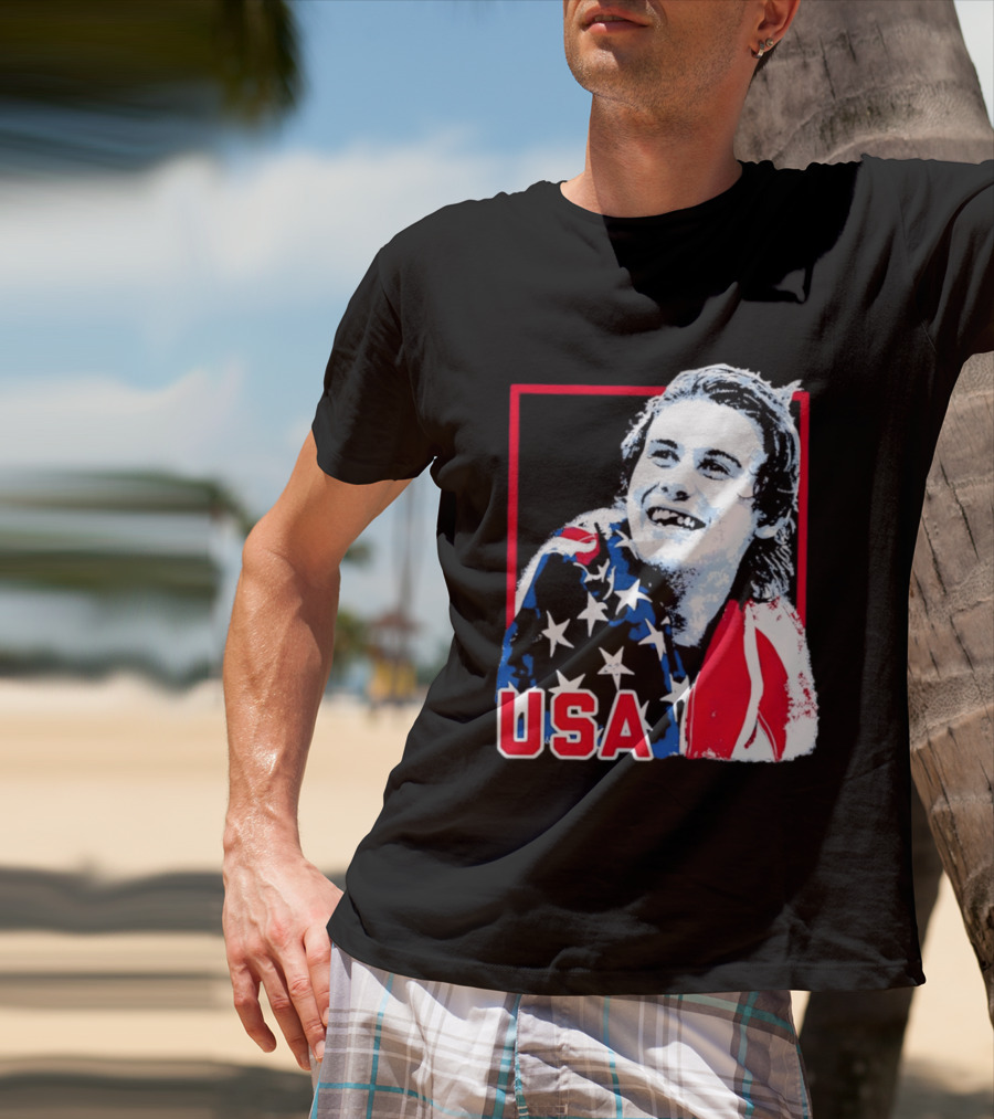 USA Flag Happy Athlete Red Frame American Pride T-Shirt