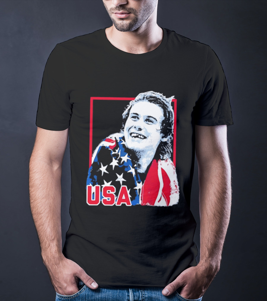 USA Flag Happy Athlete Red Frame American Pride T-Shirt