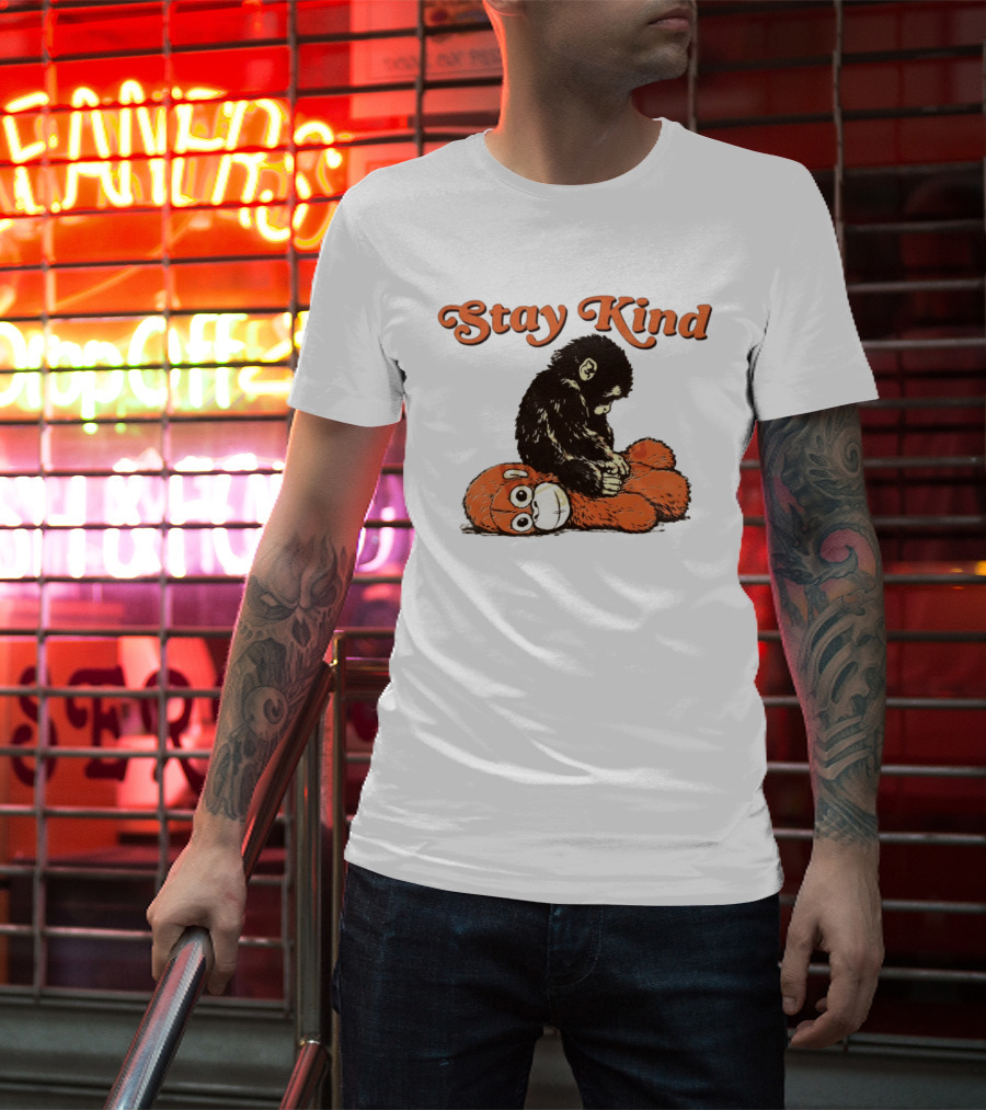 Stay Kind Punch Monkey Meme Compassionate Primate Hugging Plush T-Shirt
