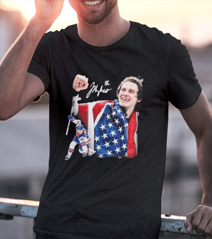 Jack Hughes USA Hockey Golden Goal Celebration T-Shirt