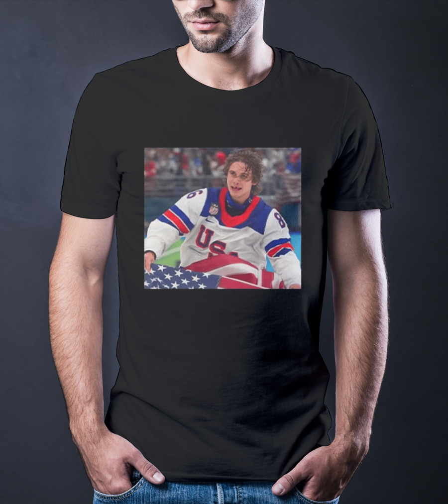 USA Hockey Jack Hughes Team 86 American Flag T-Shirt