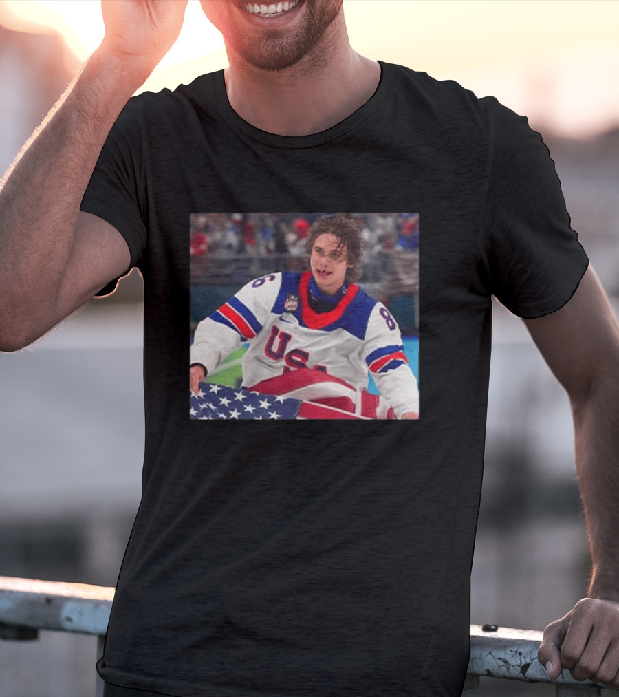 USA Hockey Jack Hughes Team 86 American Flag T-Shirt