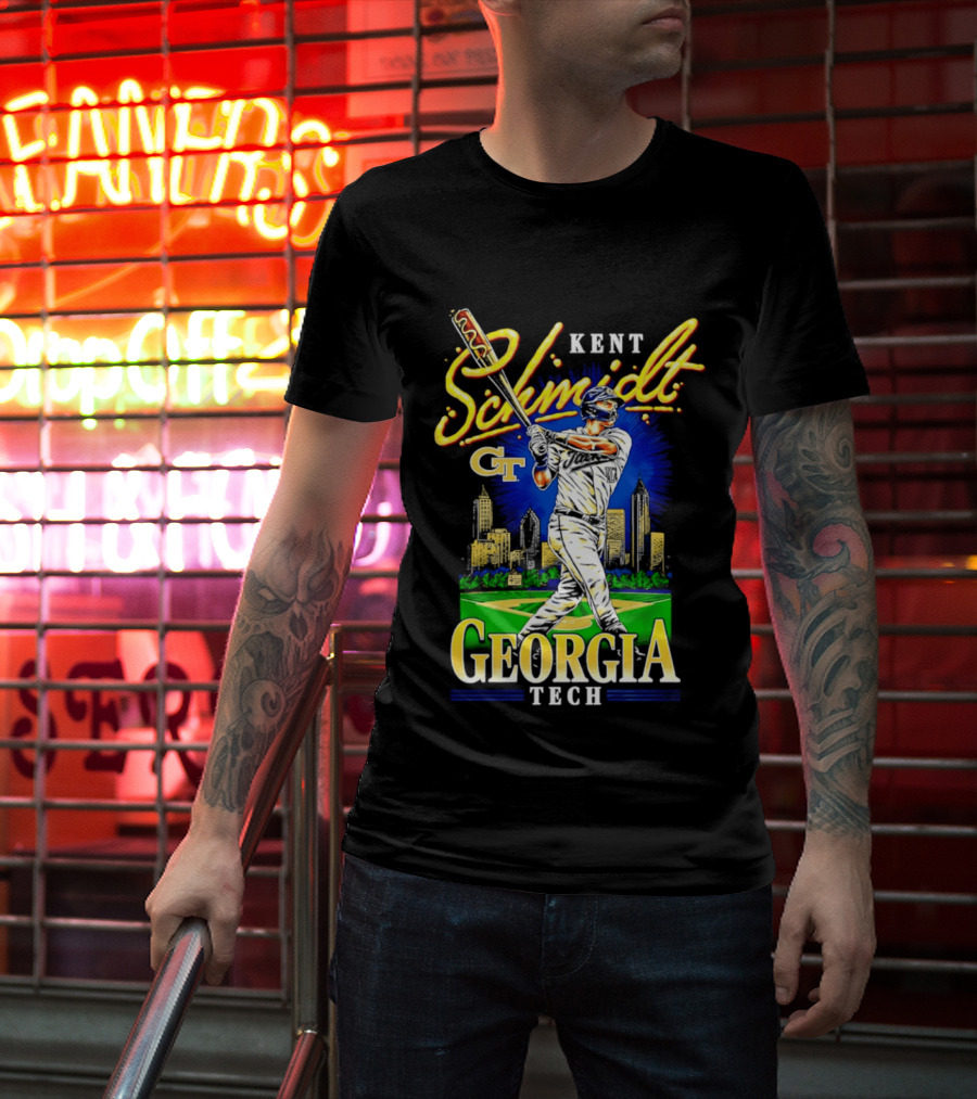 Kent Schmidt Georgia Tech Baseball Hot Dog Bat Skyline T-Shirt