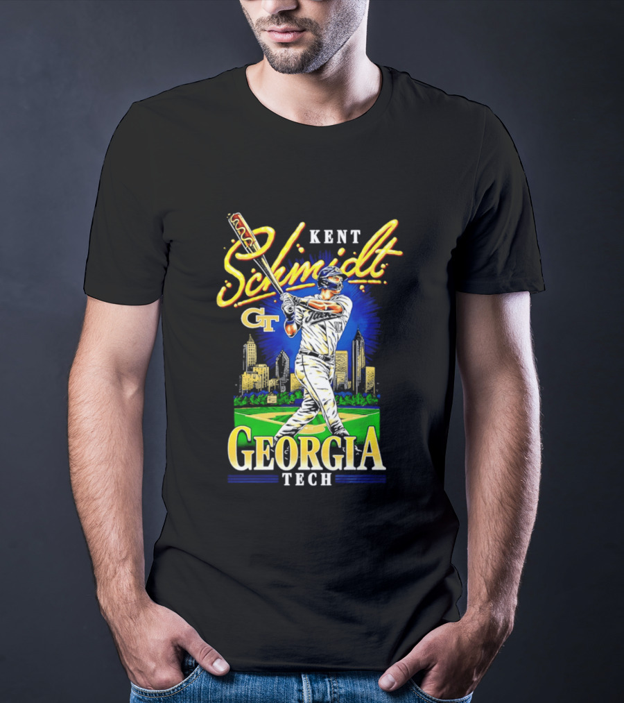 Kent Schmidt Georgia Tech Baseball Hot Dog Bat Skyline T-Shirt