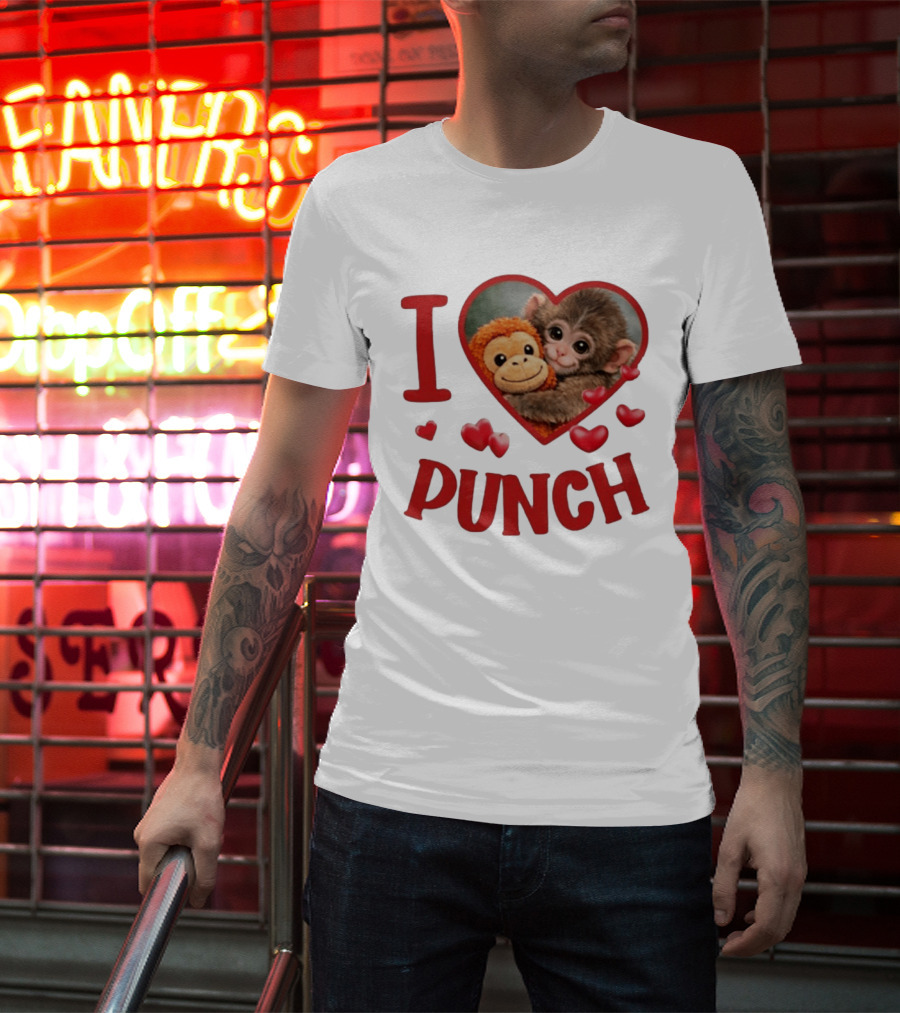 I Love Punch Heart Cute Monkey Hugging Furry Friend T-Shirt