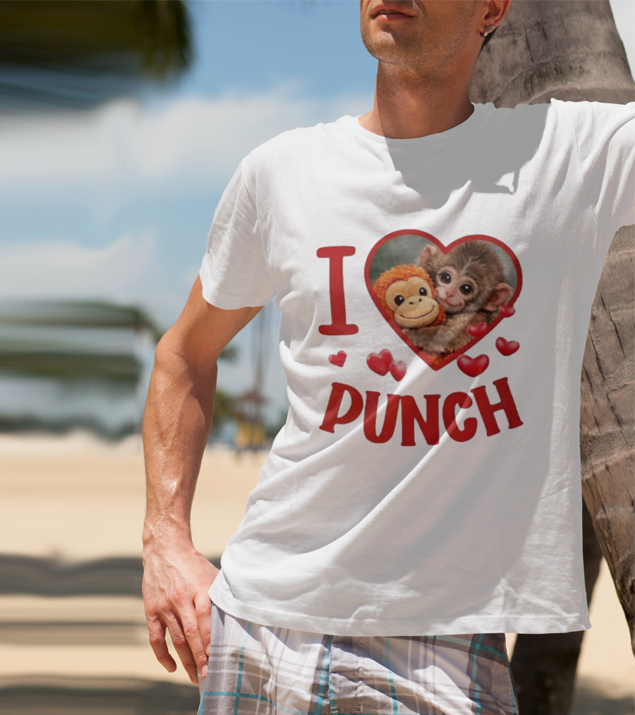 I Love Punch Heart Cute Monkey Hugging Furry Friend T-Shirt