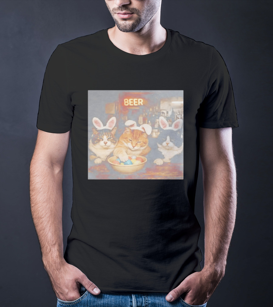 Beer Cat Trio Bunny Ears With Easter Eggs T-Shirt