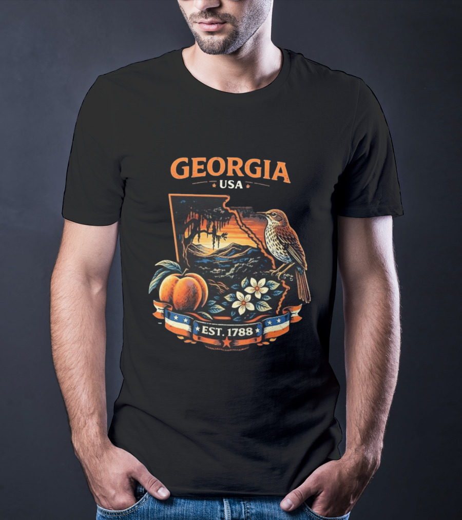 Georgia USA Established 1788 Peach Bird Landscape T-Shirt