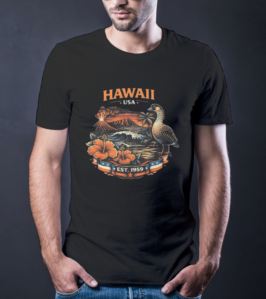 Hawaii USA Est 1959 Volcano Nene Bird Hibiscus T-Shirt