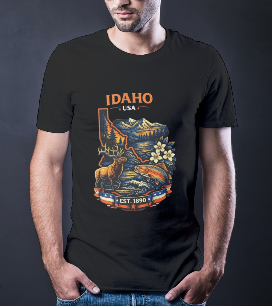 Idaho USA Est 1890 Wilderness Elk Trout Mountains T-Shirt