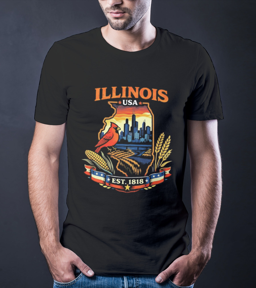 Illinois USA 1818 Cardinal Skyline Corn Wheat T-Shirt