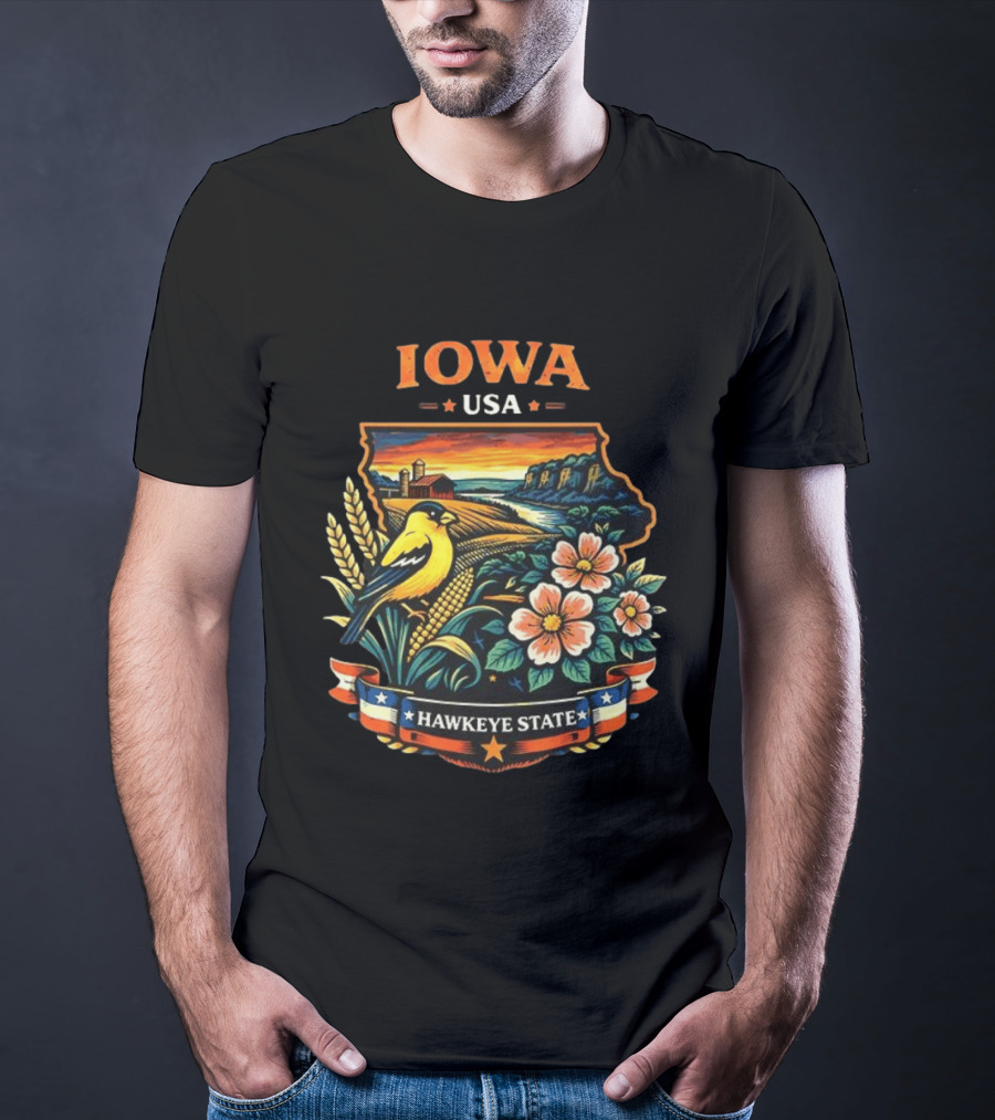 Iowa USA Hawkeye State Scenic Landscape With Bird And Flowers T-Shirt