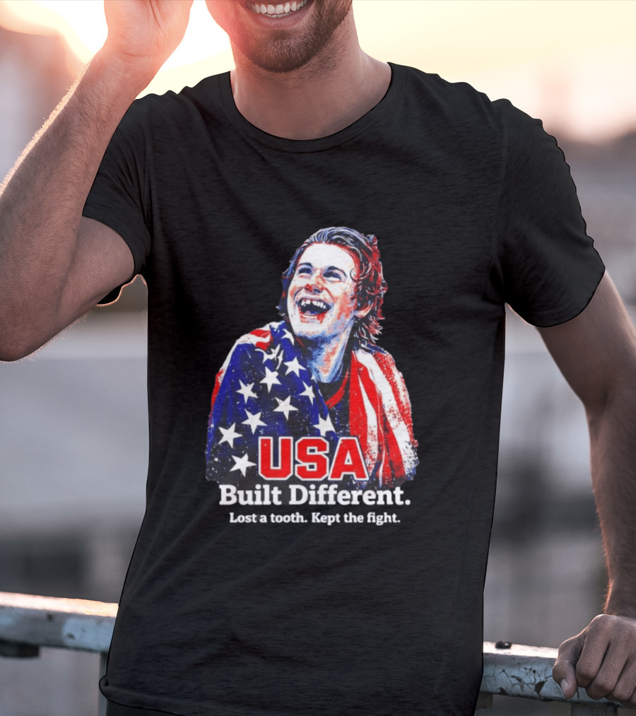 USA Gold Hockey Jack Hughes Built Different Lost A Tooth Kept The Fight T-Shirt