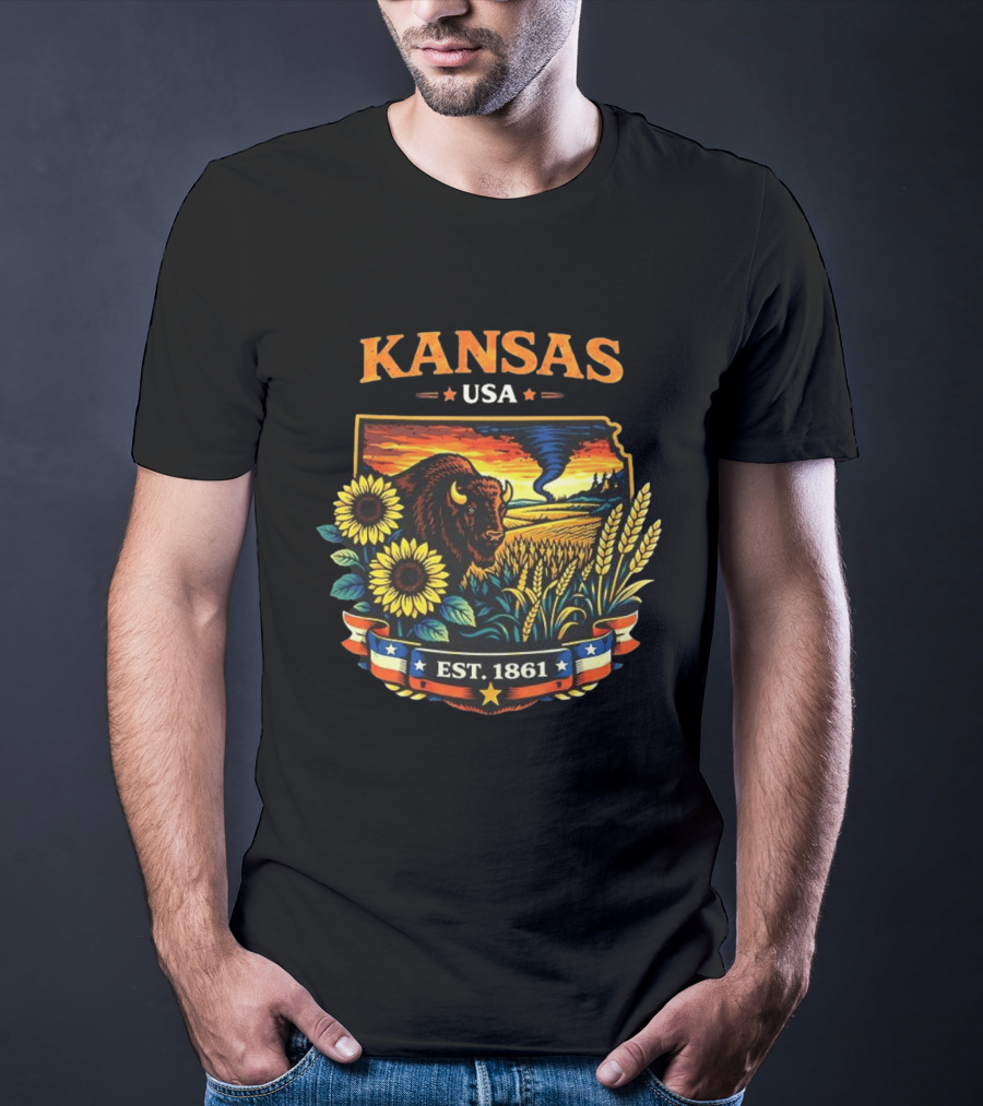 Kansas USA Buffalo Sunflowers Wheat Tornado Est 1861 T-Shirt