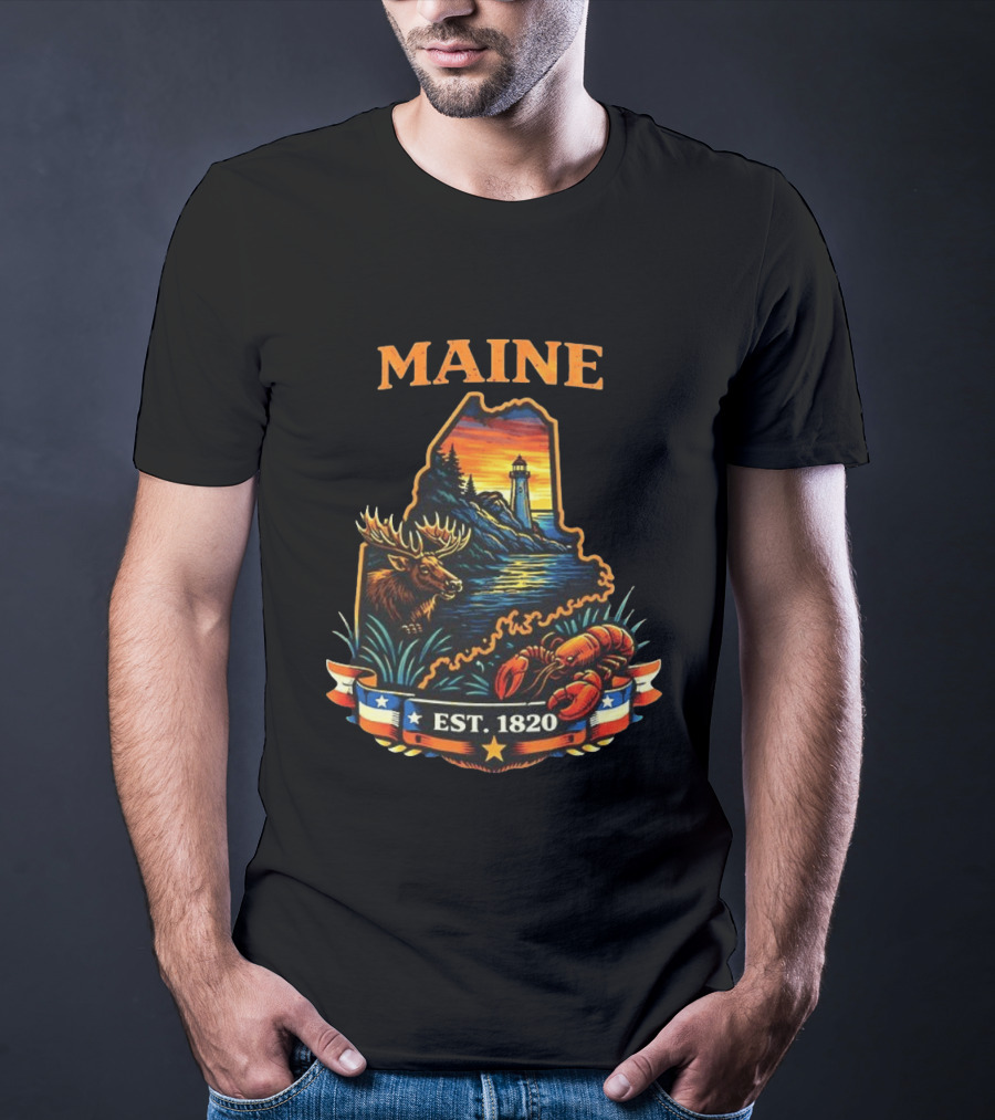 Maine Sunset Est 1820 Lighthouse Moose Lobster USA Landscape T-Shirt