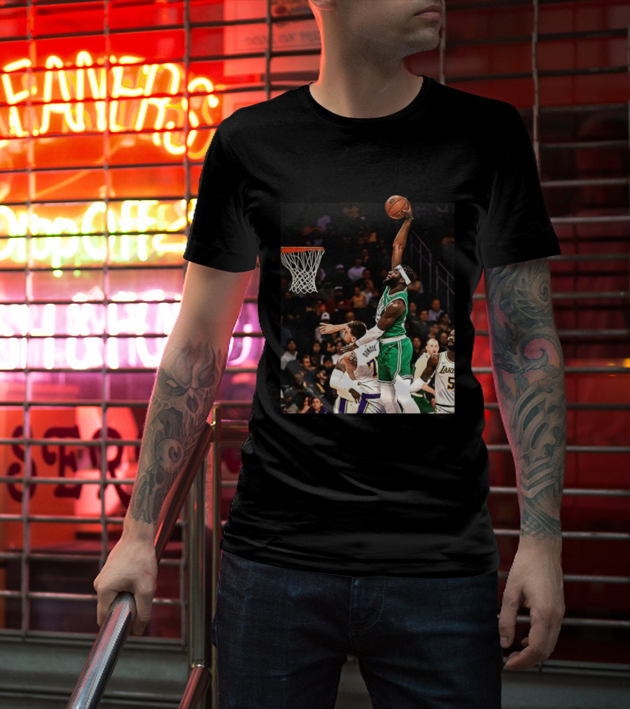 Boston Celtics Neemias Queta Dunking Against Lakers NBA Action T-Shirt