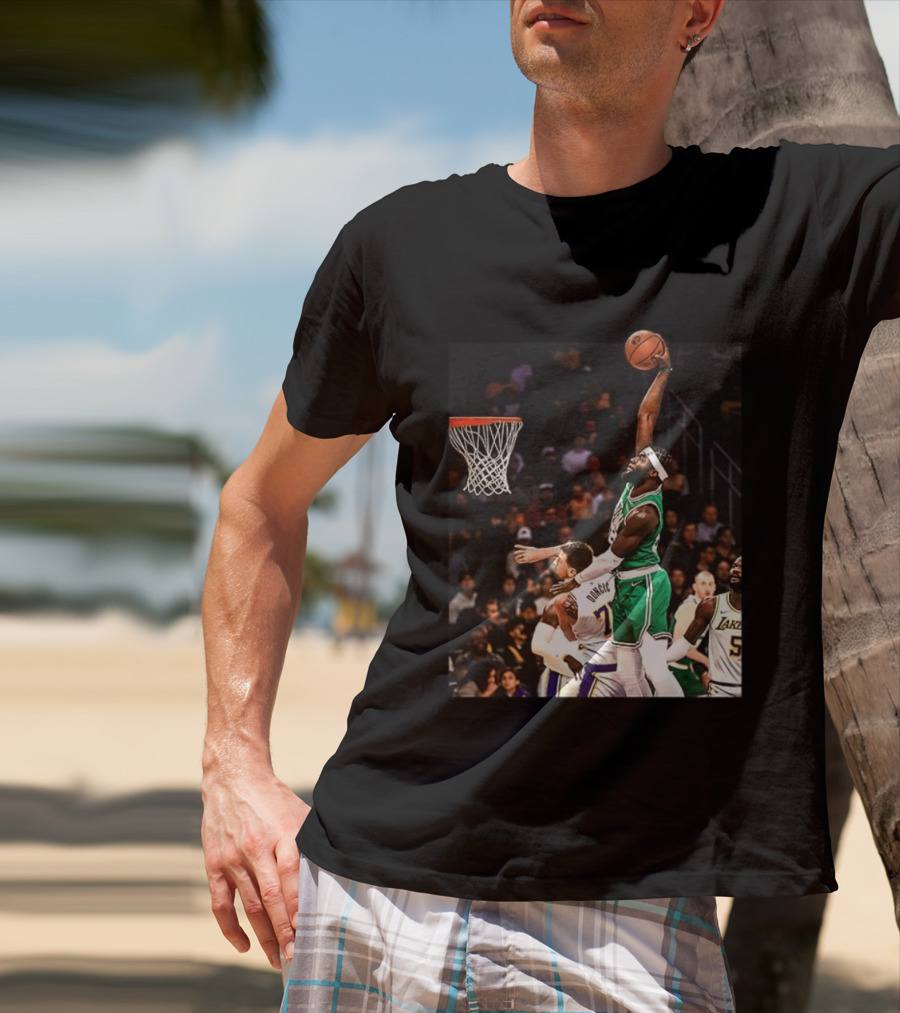 Boston Celtics Neemias Queta Dunking Against Lakers NBA Action T-Shirt