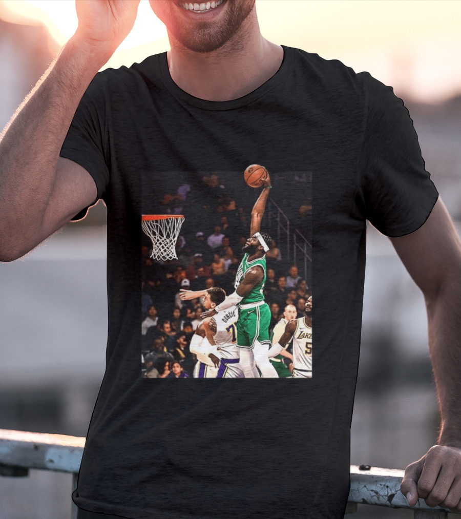 Boston Celtics Neemias Queta Dunking Against Lakers NBA Action T-Shirt