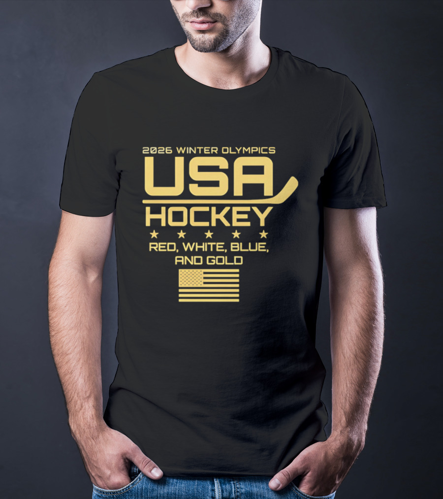 USA Hockey 2026 Winter Olympics Red White Blue Gold Flag T-Shirt