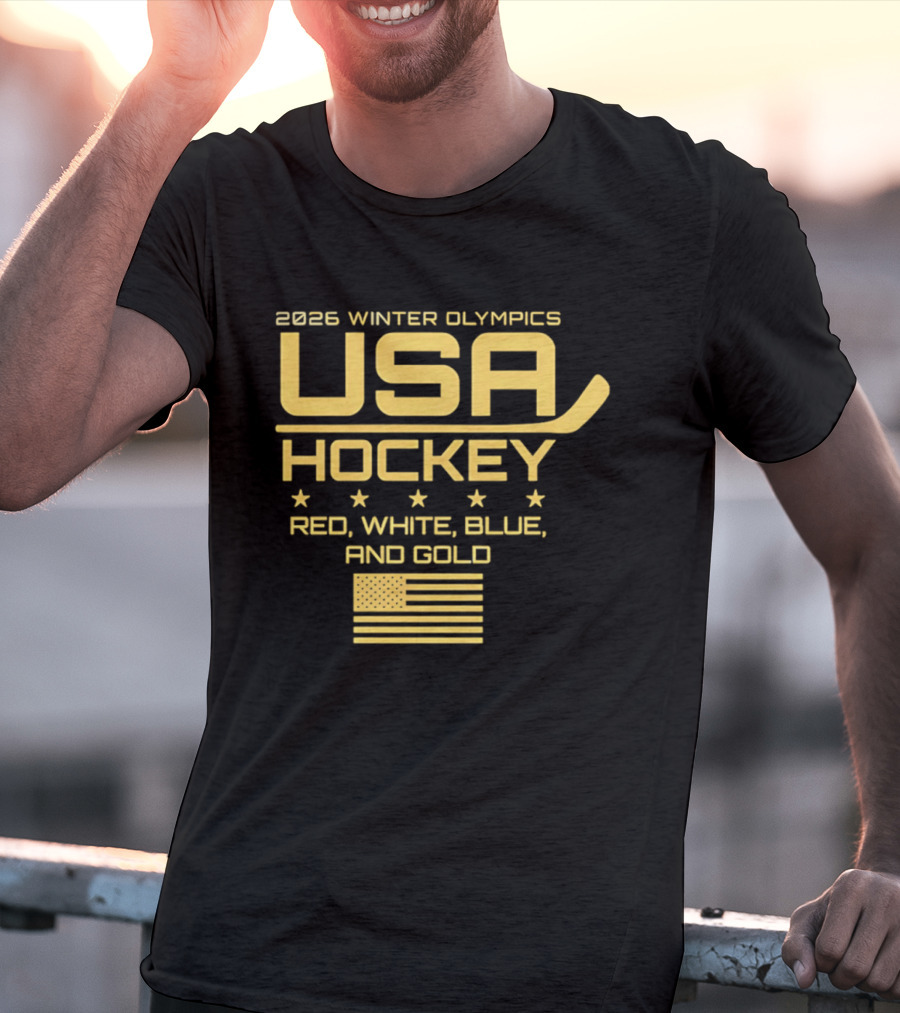 USA Hockey 2026 Winter Olympics Red White Blue Gold Flag T-Shirt