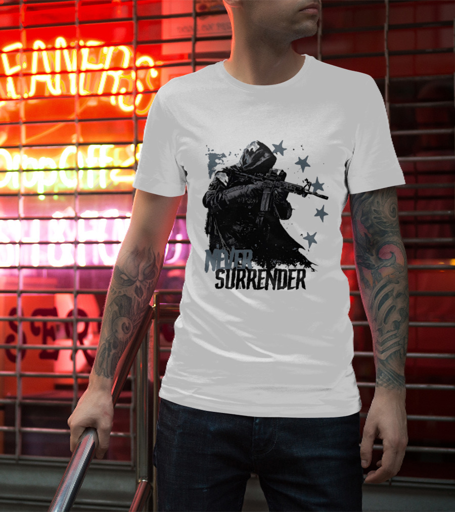Never Surrender Reaper With Hooded Figure And Rifle T-Shirt