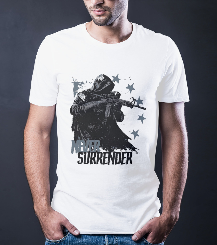Never Surrender Reaper With Hooded Figure And Rifle T-Shirt