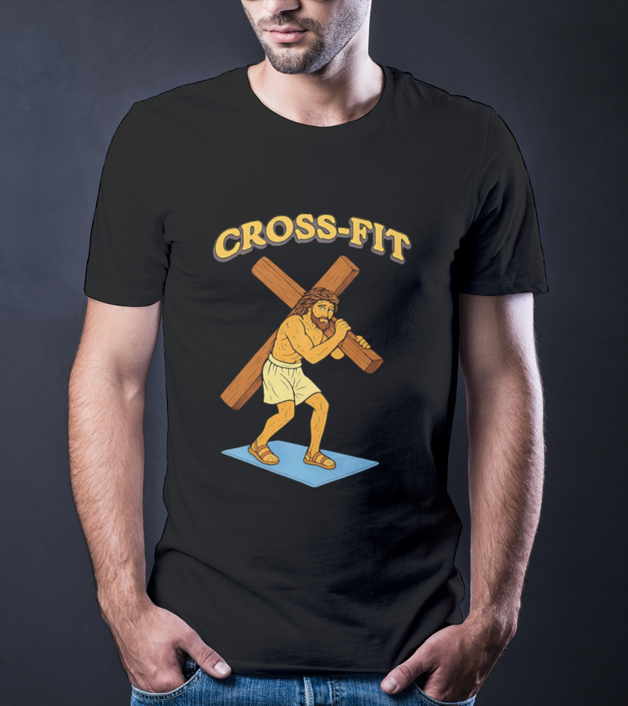 Cross Fit Jesus Cartoon Carrying Cross T-Shirt