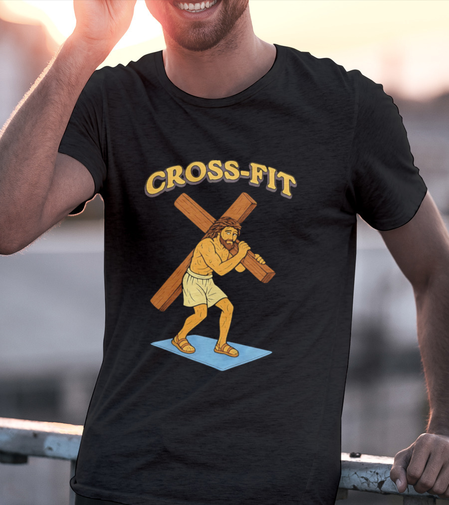 Cross Fit Jesus Cartoon Carrying Cross T-Shirt
