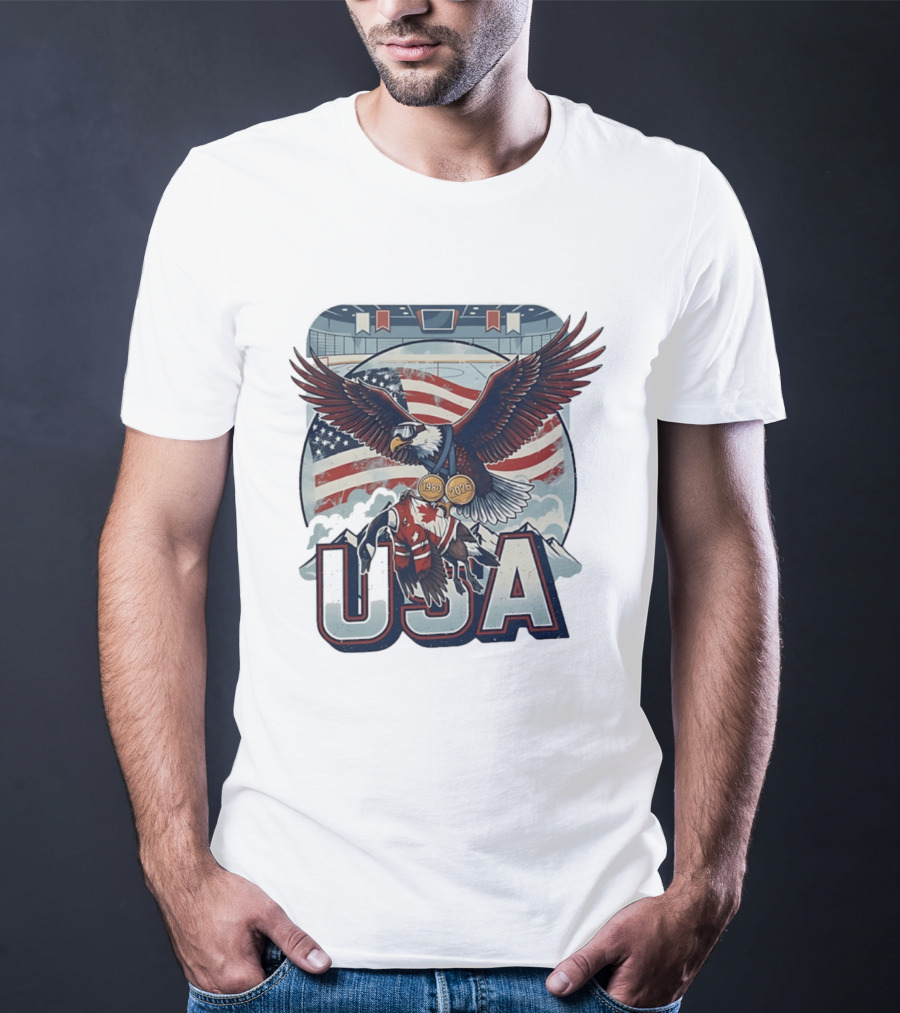 USA Hockey Eagle 1980 2026 American Flag Ice Rink T-Shirt