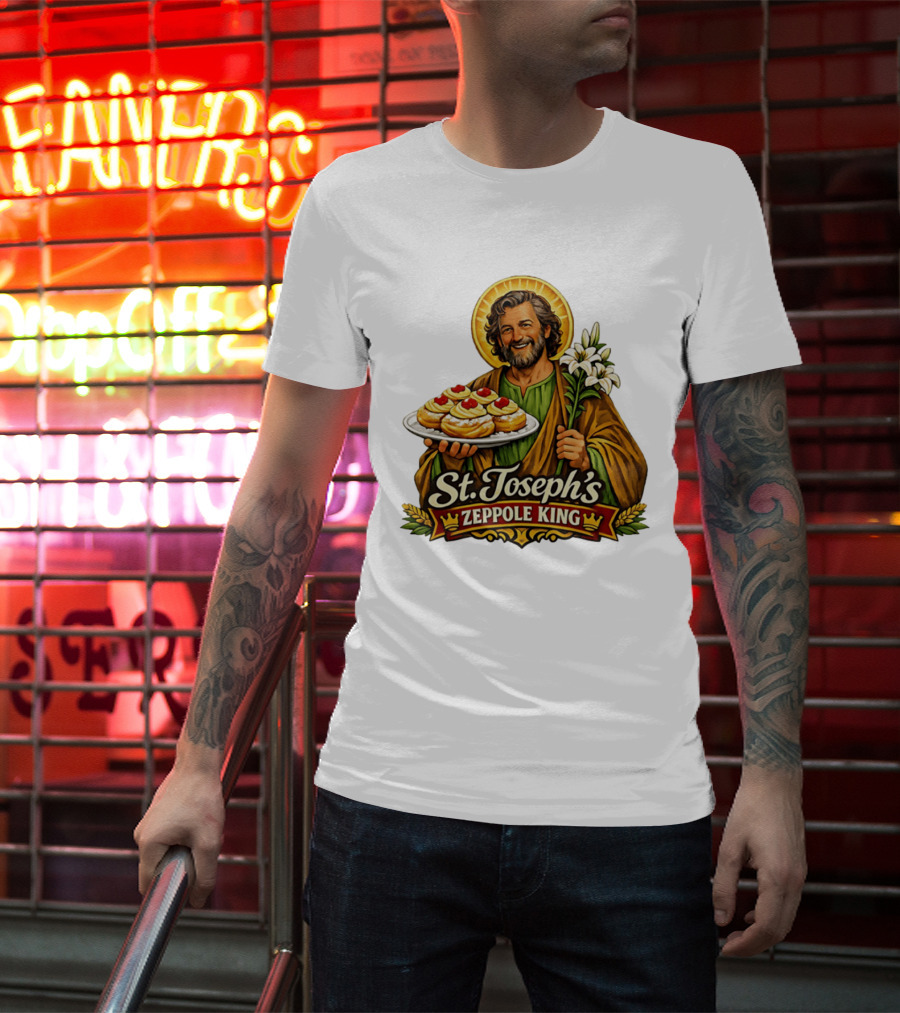 St Joseph's Zeppole King Saint Holding Tray With Flowers T-Shirt