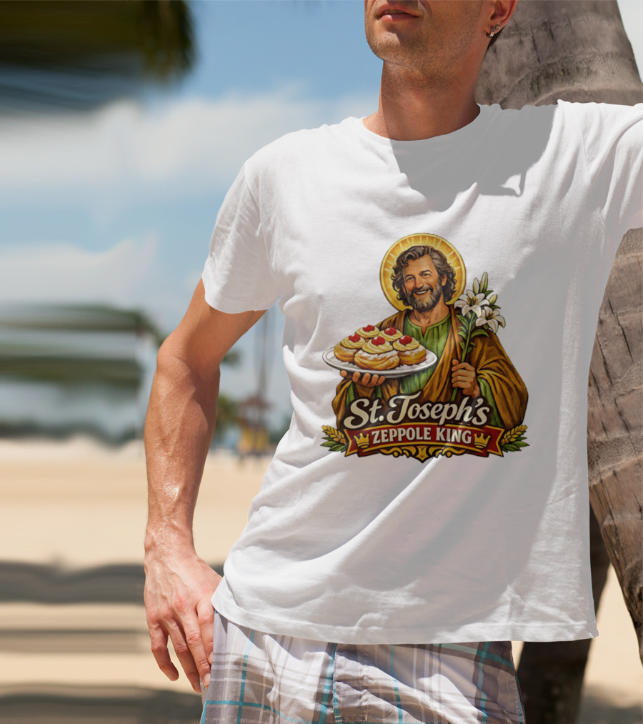 St Joseph's Zeppole King Saint Holding Tray With Flowers T-Shirt